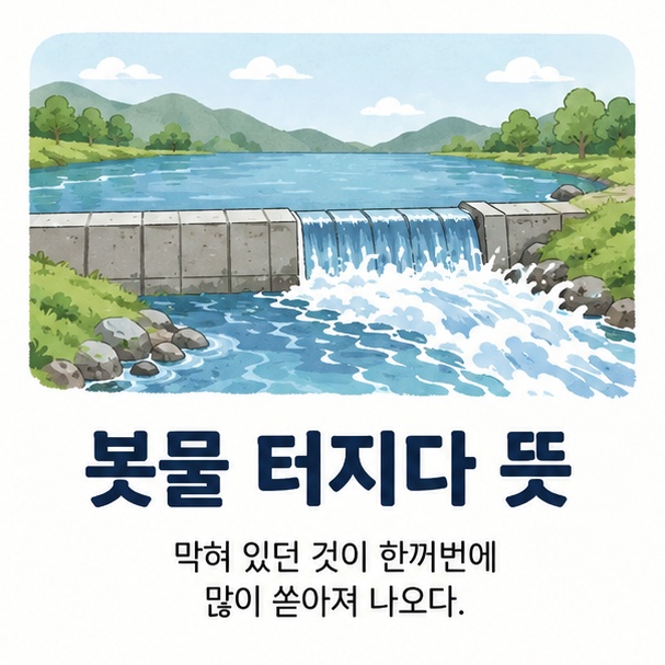 보에 모여 있던 물이 한꺼번에 터져 흘러나오는 모습으로 ‘봇물 터지다’의 의미를 표현한 이미지