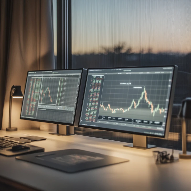 테슬라 투자 전략과 전망을 탐색하는 이미지로, 투자자 공간에서 거래 화면 위의 세부적인 가격 그래프 변동을 반영하여 위험 및 기회의 테마를 조명합니다.