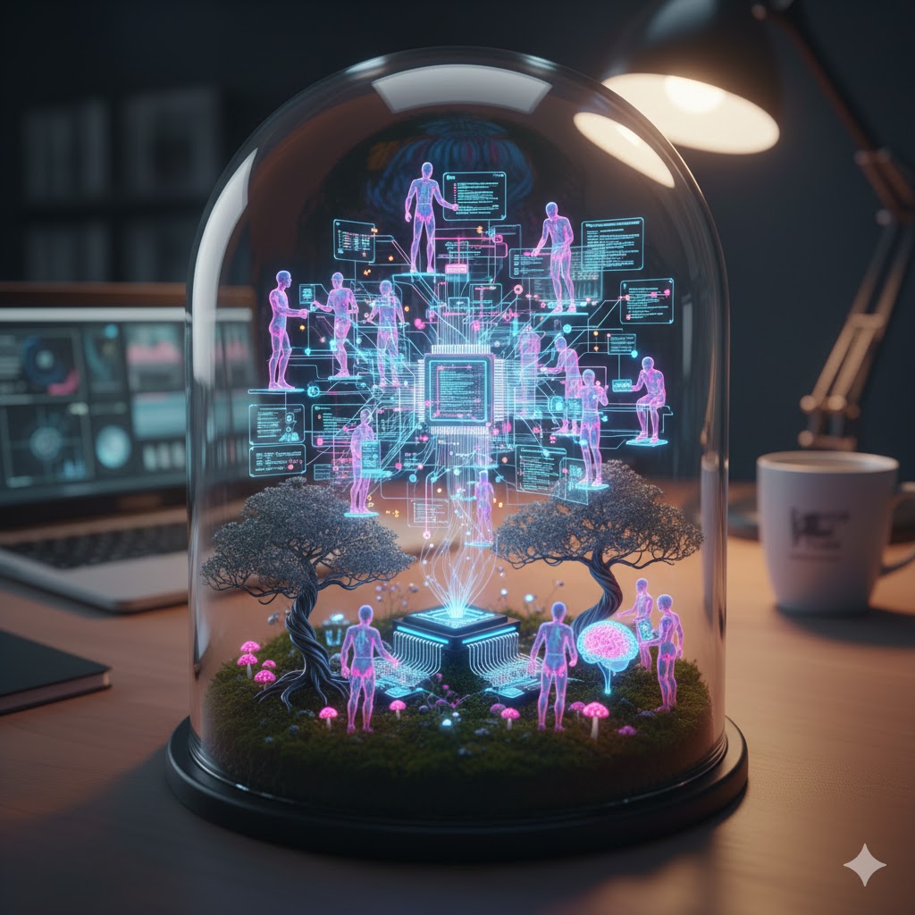 책상 위 스탠드 조명 옆에 놓인 유리 돔 안에 작은 생태계가 담겨 있어요. 이끼와 나무, 버섯이 자라는 자연 환경 위로 중앙 프로세서 칩에서 뻗어 나온 푸른 빛의 줄기들이 홀로그램 인물들과 연결되어 있어요. 기술과 자연이 융합된 독특한 오브제가 책상 위 커피잔, 노트북과 어우러져 신비로운 느낌을 줘요.