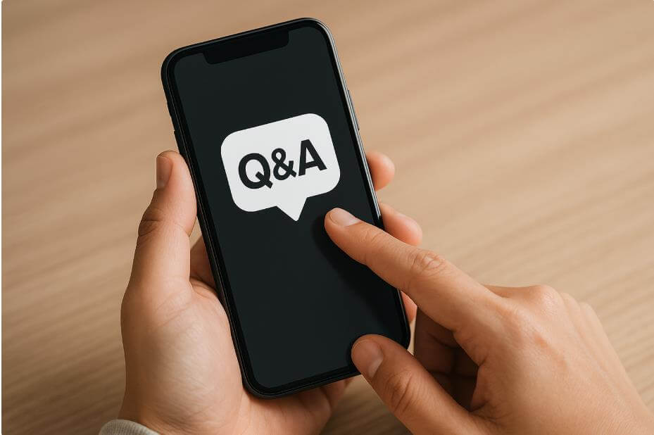 스마트폰 화면에 Q&amp;A 아이콘을 누르는 모습