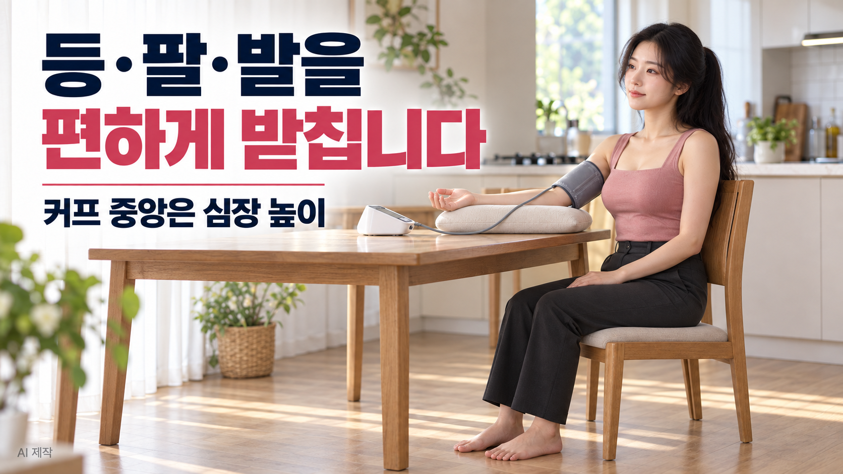 등을 의자에 기대고 발을 바닥에 둔 채 쿠션으로 팔을 받쳐 혈압을 재는 여성