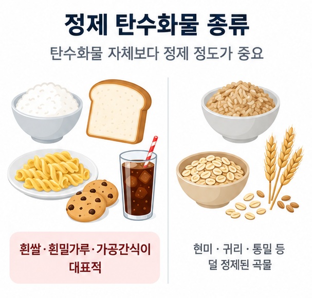 정제 탄수화물 종류라는 제목과 흰쌀 흰빵 파스타 과자 탄산음료, 현미 귀리 통밀을 함께 비교한 대표 이미지