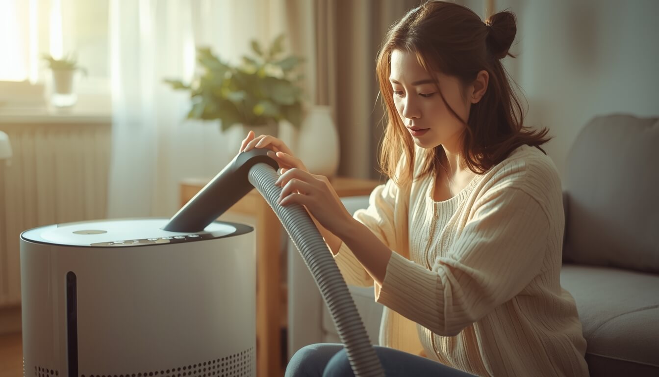 청소기로 공기청정기 프리필터의 먼지를 제거하는 엄마