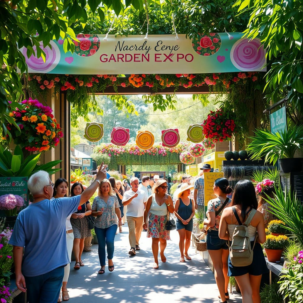 서울 보라매공원의 메인 입구 근처에 박람회 안내 배너나 상징적인 조형물이 설치된 모습을 상상해 보세요. 다양한 연령대의 방문객들이 활기찬 발걸음으로 입구에 들어서고 있습니다. '서울, 그린 소울'이라는 박람회 주제 문구가 잘 보이도록 배치하여, 방문의 시작을 알리는 인상적인 장면을 연출합니다.