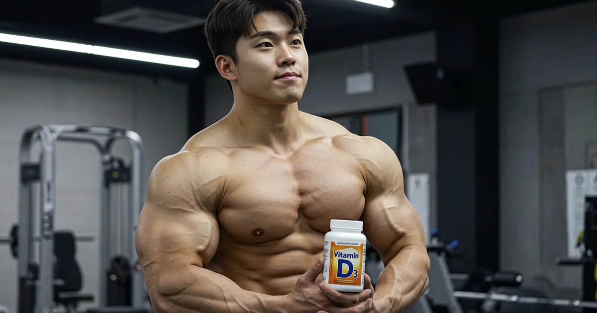 헬스장 보디빌더가 비타민 D3 영양제를 두 손으로 들고 있는 사진