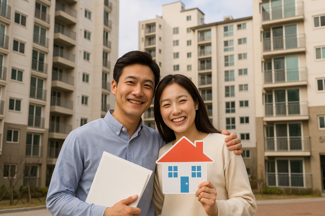 국민임대주택 단지의 전경을 배경으로 서 있는 젊은 부부의 모습