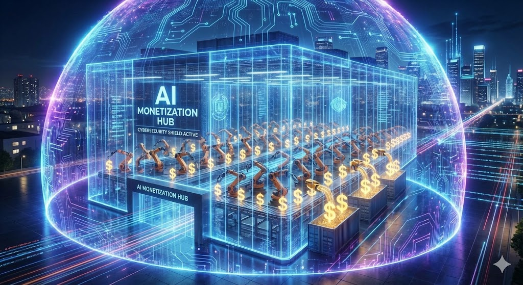 거대한 AI 데이터 센터(전력)를 든든한 방패(보안)가 지키고 있고, 그 안에서 로봇 팔(자동화)들이쉴 새 없이 움직이며 수익(달러)을 만들어내는 모습