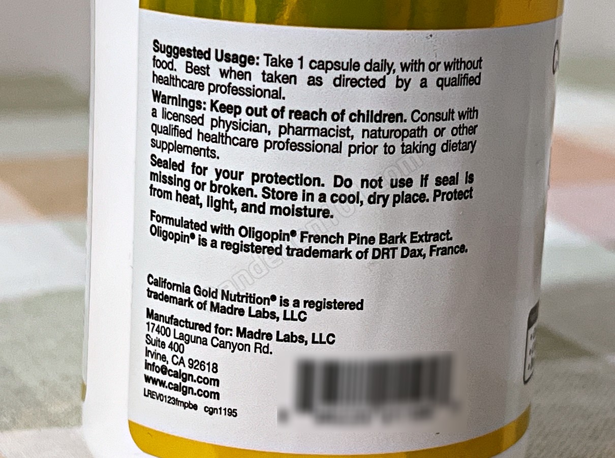 캘리포니아 골드 뉴트리션에서 만든 프랑스 해송 추출물, 올리고핀® 100mg, 60 베지 캡슐 (CALIFORNIA GOLD NUTRITION French Maritime Pine Bark Extract, oligopin® 100mg, 60 Veg Caps) 사용법 및 주의 사항