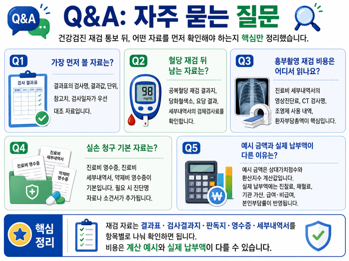 건강검진 재검 통보 후 결과표, 혈당 재검 자료, 영상검사 비용, 실손 청구 서류를 Q&A로 정리한 인포그래픽