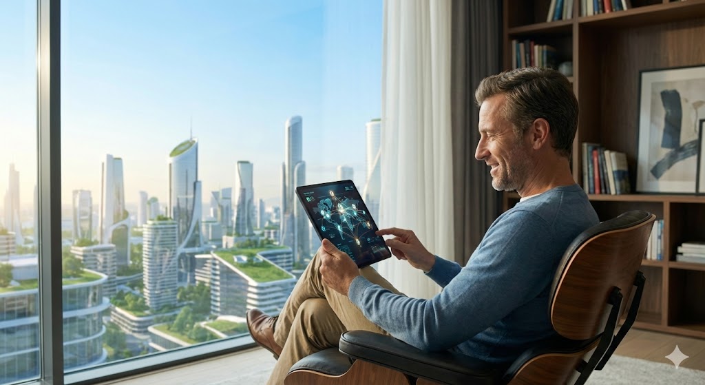 평화로운 서재에서 경제 지도를 펼쳐보며 미소 짓는 투자자와 창밖의 밝은 미래 도시 전경