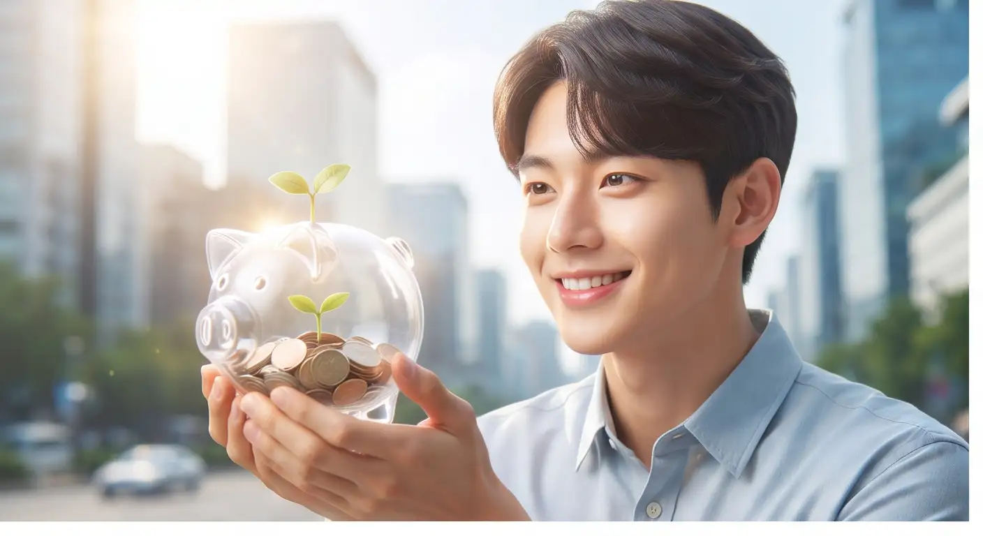 도심 배경을 뒤로하고 새싹이 돋아난 동전 저금통을 두 손에 감싸 쥐며 미소 짓는 남성