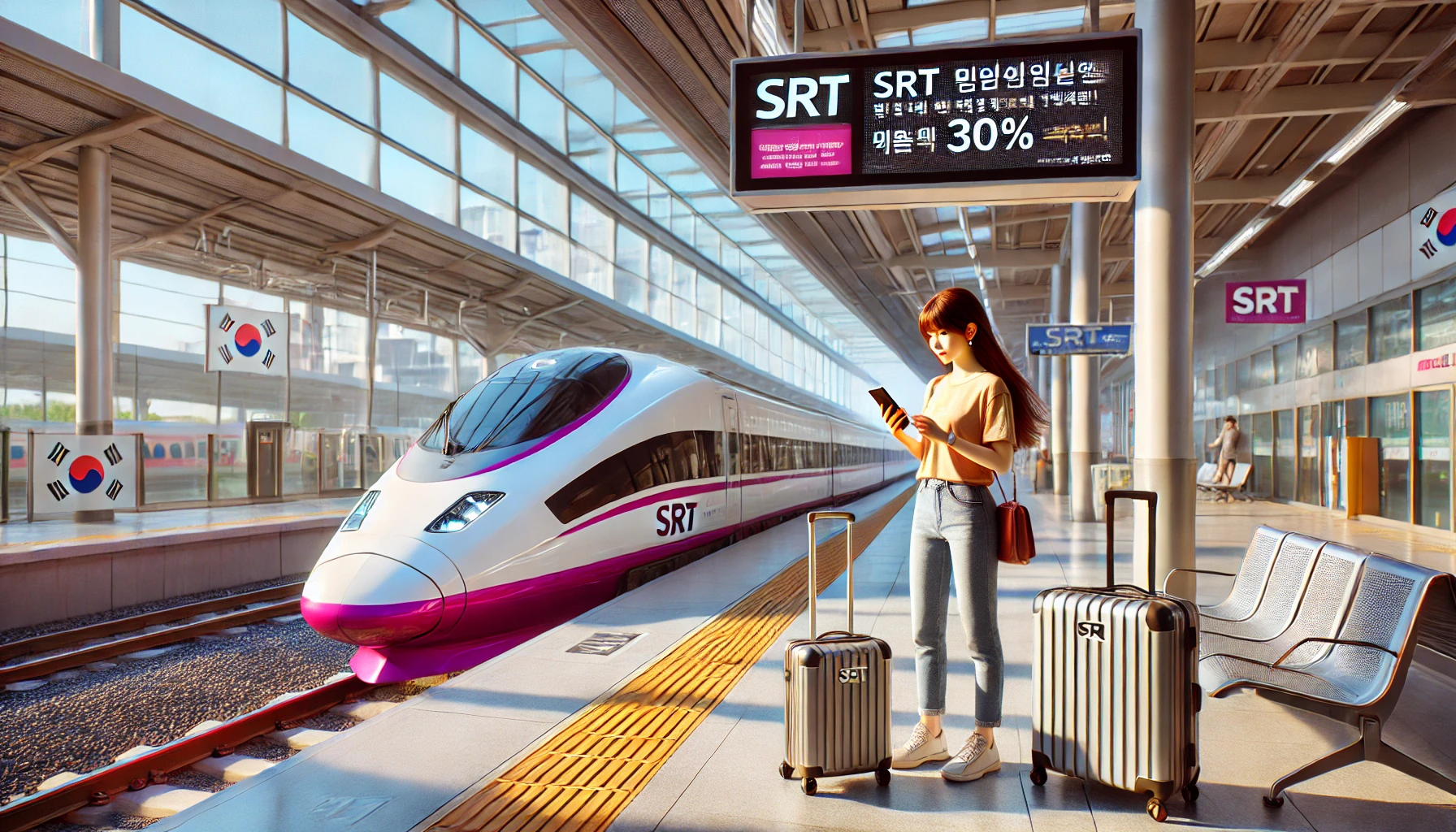 SRT 수서역 플랫폼에서 SR앱으로 알뜰승차권을 예매 중인 여성 승객과 고속열차, SRT 할인 정보 안내판이 보이는 실사 이미지