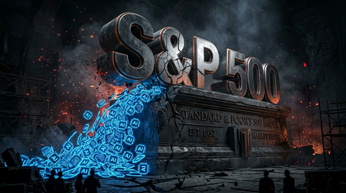 거대한 S&P 500 로고가 한쪽으로 심하게 기울어져 위태롭게 서 있는 강렬한 3D 그래픽