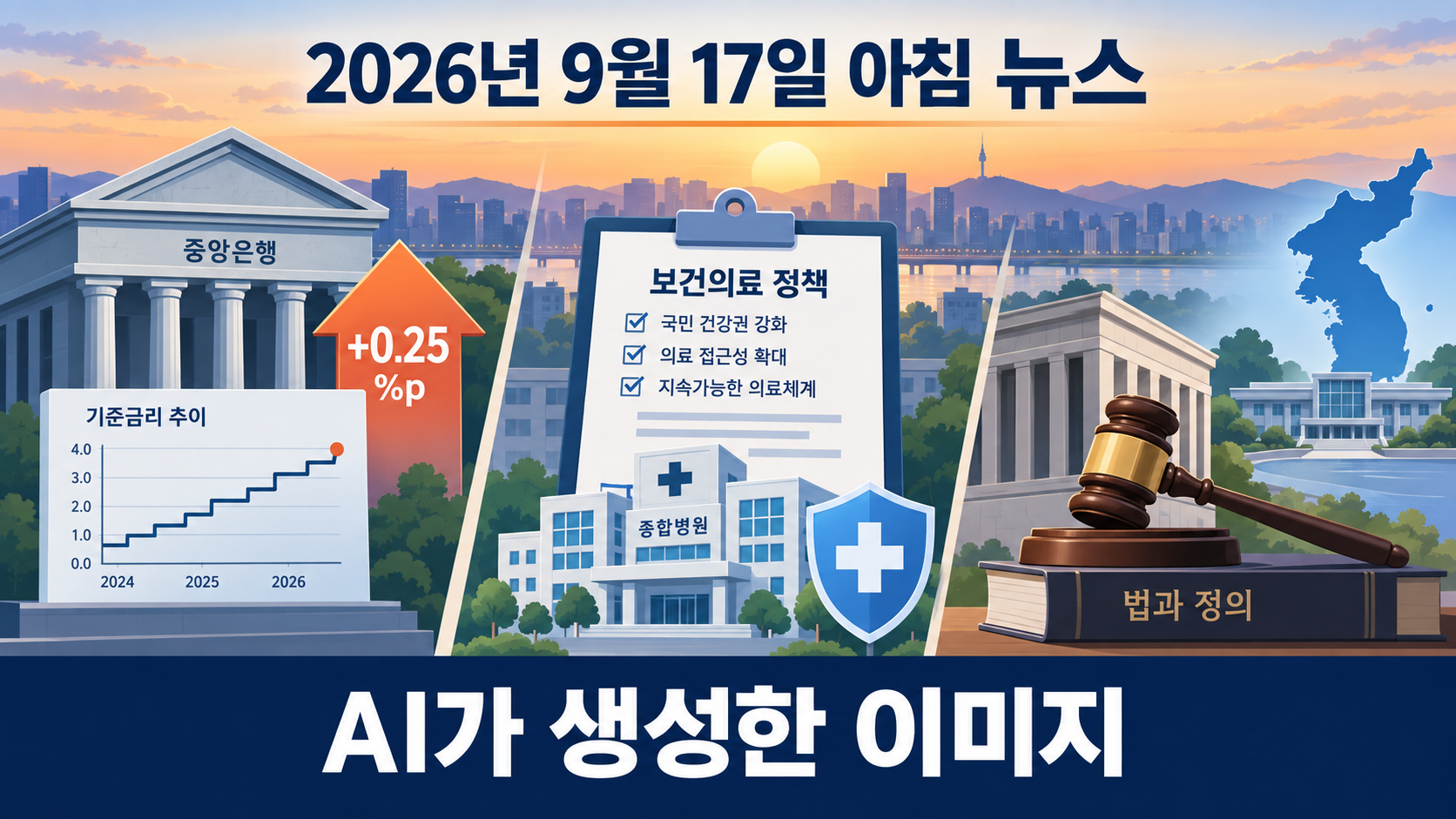 연준 금리 인상, 보건의료 정책, 연락사무소 배상 판결을 상징한 2026년 9월 17일 아침 뉴스 AI 일러스트
