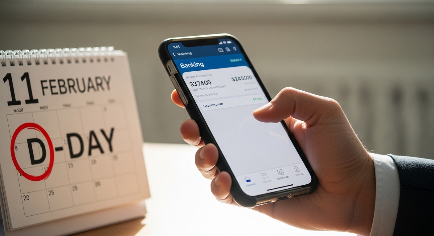 Hand of a business owner holding a smartphone with a banking app open, next to a calendar with a red circle and 'D-Day' mark on a mid-February date.