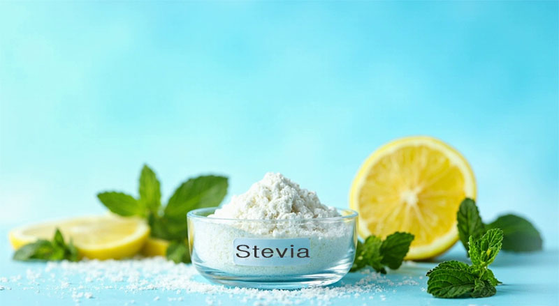 조그만 유리 볼에 담긴 천연 감미료 스테비아와 레몬 슬라이스.