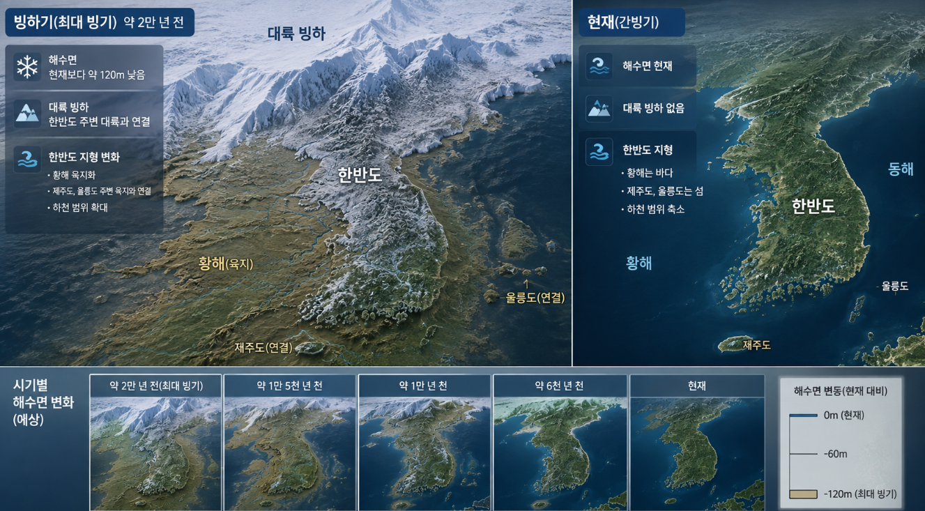 해수면 하강으로 중국 대륙, 한반도, 일본 열도가 모두 육지로 연결되어 황해 평원과 호수가 된 동해를 보여주는 상공에서의 위성 지도 뷰