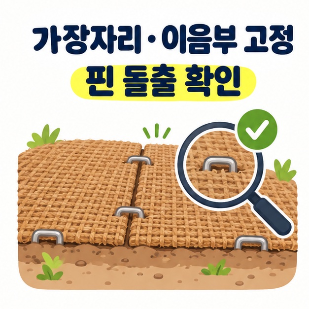 가장자리와 이음부를 고정하고 핀 돌출을 확인하라는 안내 일러스트