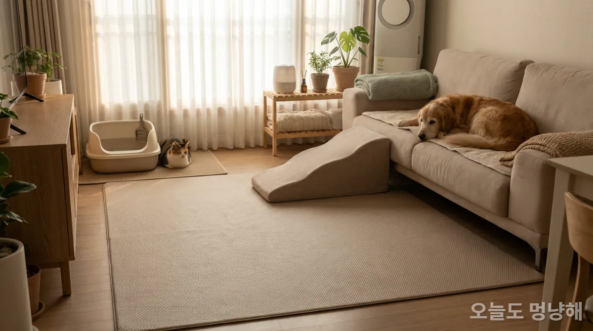 노령 반려동물을 위한 미끄럼 방지 매트와 경사로가 설치된 한국 가정의 모습