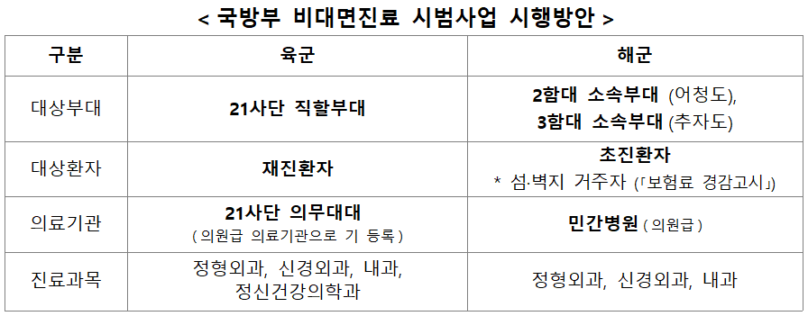국방부 비대면진료 시범사업 시행방안
