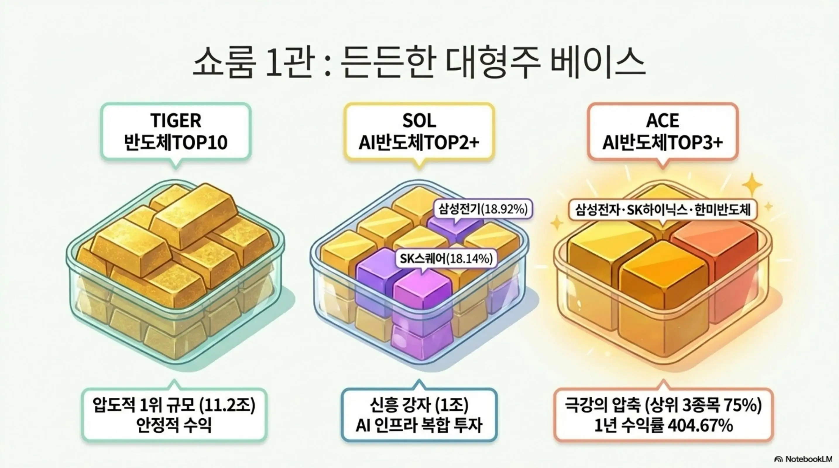 AI반도체ETF비교: TIGER 반도체TOP10의 압도적 순자산 11.2조 원과 SOL AI반도체TOP2플러스의 삼성전기·SK스퀘어 복합 구조 및 ACE AI반도체TOP3+의 상위 3종목 75% 집중 전략을 도시락 블록으로 비교한 인포그래픽. 블로그의 대장주 중심 AI 반도체 ETF 수익률 비교를 설명함