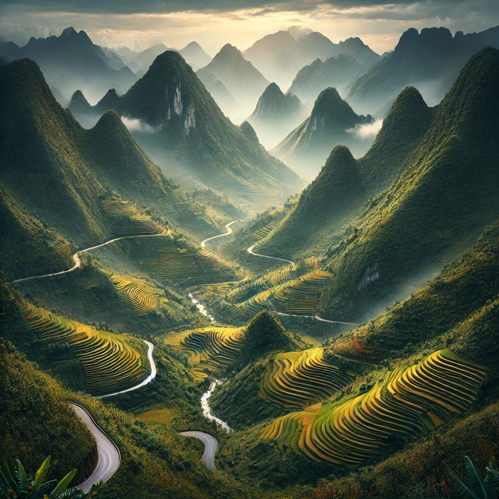 하장의 굽이치는 산길과 계단식 논의 장엄한 풍경