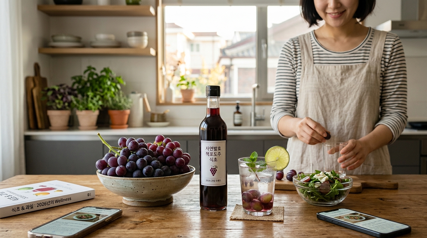 2026년 건강 트렌드인 레드와인비니거(레드와인 식초)와 신선한 포도가 놓인 모습