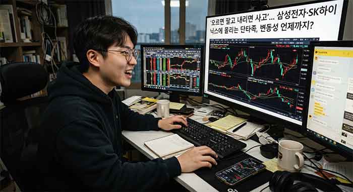 주식 모니터를 보며 단타 매매하는 젊은 남성.