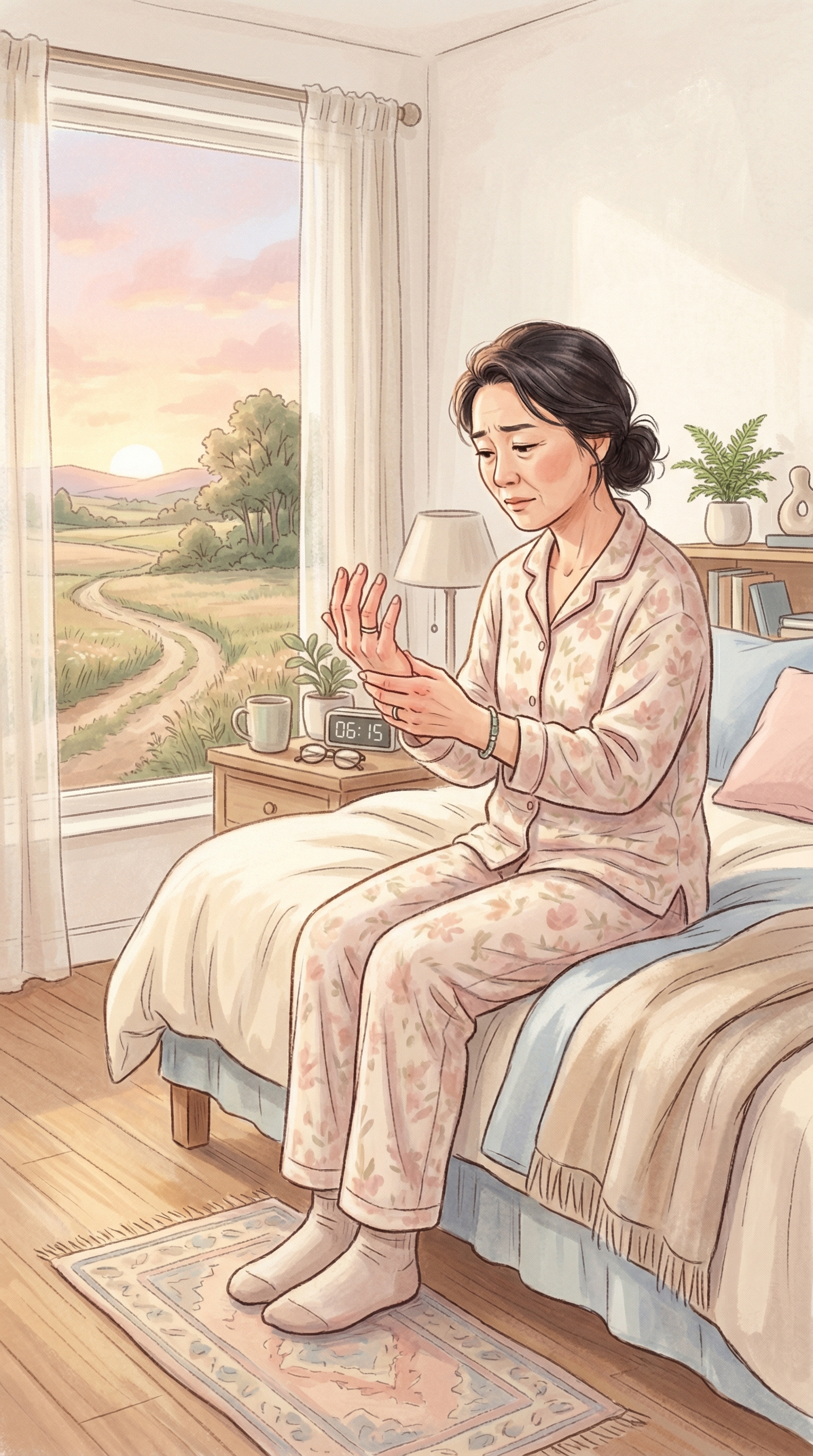 아침에 손을 주물러보는 50대의 불편한 표정