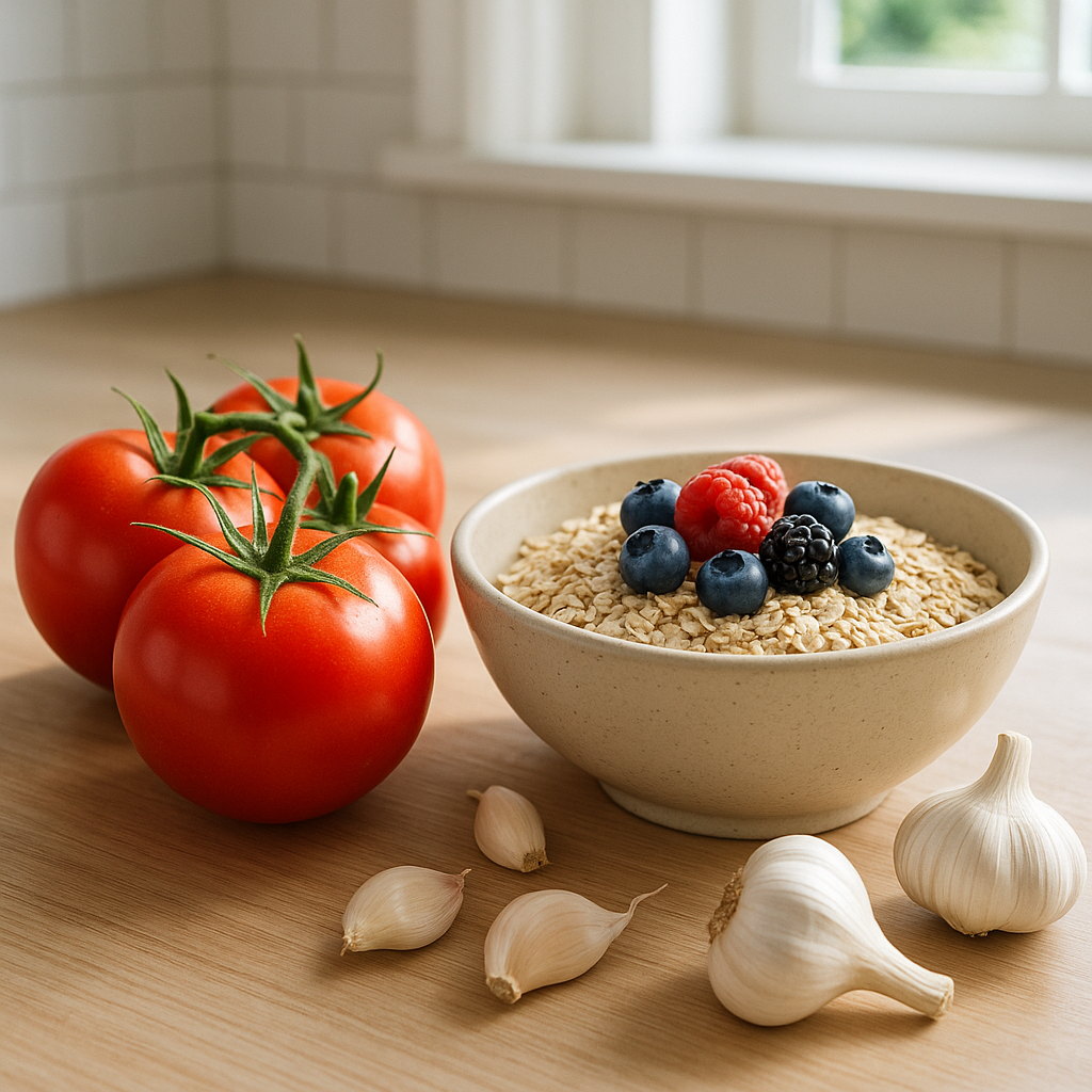 혈압, 콜레스테롤 낮추는 식품 조합과 궁합 (토마토, 오트밀, 마늘) 사진