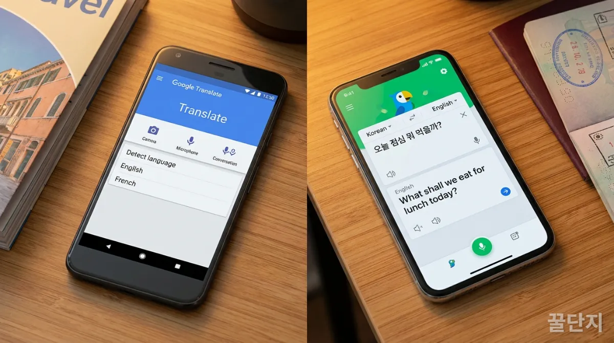 구글 번역과 네이버 파파고 앱 화면을 비교하는 모습