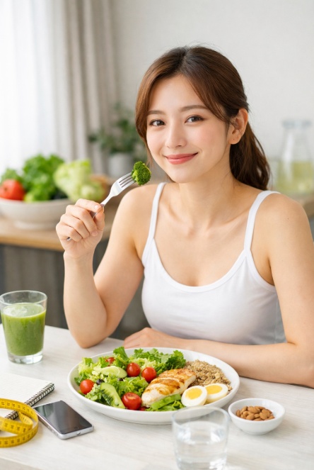 미소 지으며 식단 하는 모습