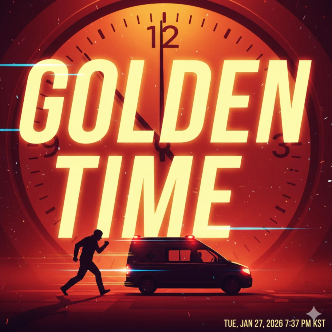 시계 바늘이 빠르게 돌아가는 듯한 배경에 '골든타임(Golden Time)'이라는 영어 글자가 강조되고, 신속하게 의료기관으로 향하는 듯한 사람의 실루엣이나 구급차를 연상시키는 이미지를 배치해 주세요. 다급하면서도 경고를 주는 듯한 강렬한 색감과 역동적인 구도로 긴급성을 표현합니다.