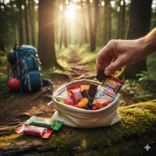 등산로나 운동 중 에너지를 보충하기 위해 가벼운 단맛 간식을 준비한 모습