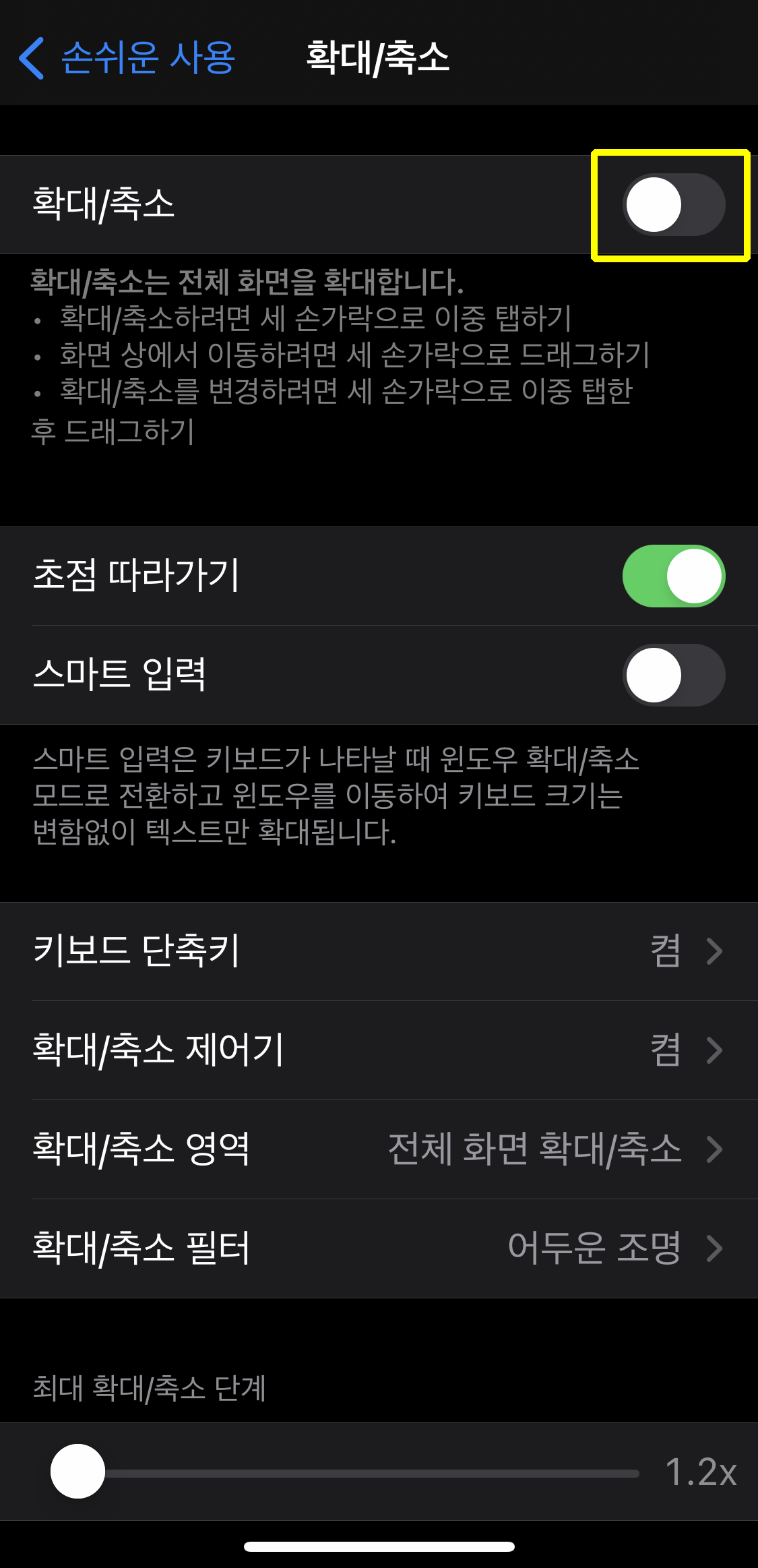 아이폰 설정 - 손쉬운 사용 - 확대/축소