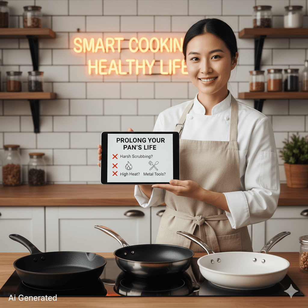 프라이팬 수명 연장을 위한 올바른 관리법을 태블릿으로 설명하는 전문가의 모습