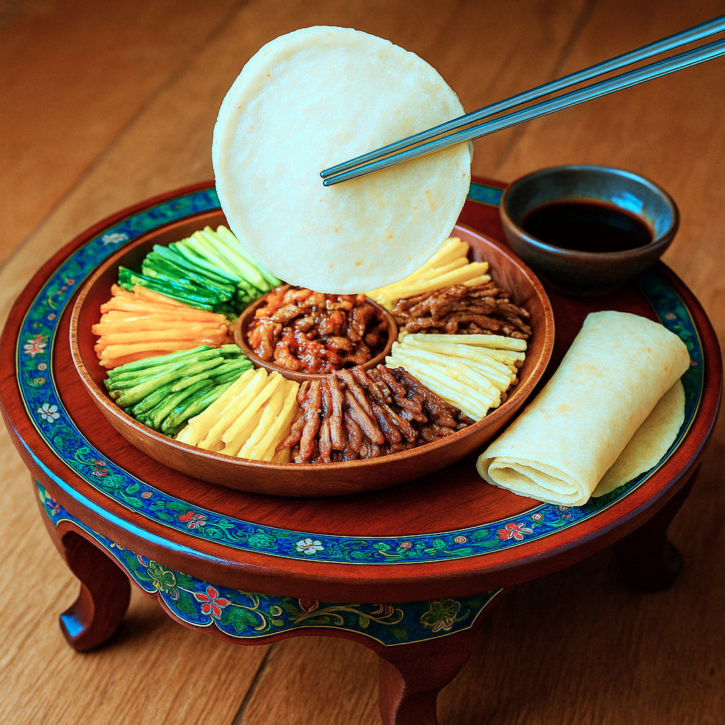 “전통 한국 음식 밀전병(밀煎餠). 접시 위에는 얇은 밀전병 여러 장이 겹겹이 쌓여 있고, 옆에는 볶은 애호박채·버섯·당근 채소를 올려 자연스럽게 돌돌 만 밀전병이 놓여 있다. 초간장 작은 그릇과 쇠젓가락이 함께 개다리밥상 위에 차려져 있으며, 따뜻한 조명 속에 사실적인 음식 사진처럼 표현되어 있다.”