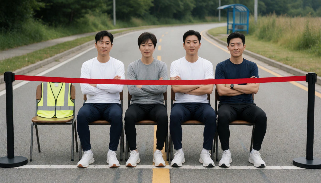 도로를 가로막은 빨간 차단줄 뒤에서 팔짱을 끼고 앉은 러너 네 명과 고가시성 조끼가 놓인 빈 의자