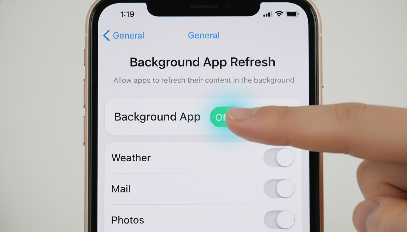 아이폰 설정 메뉴에서 백그라운드 앱 새로고침을 끄는 화면