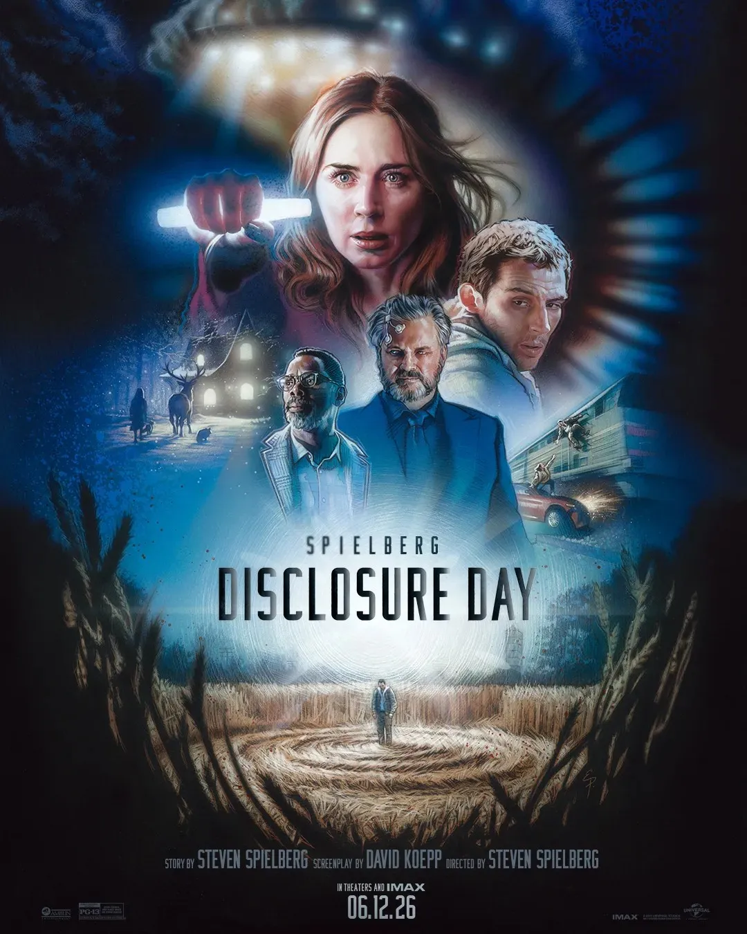 스티븐 스필버그 감독의 영화 ‘Disclosure Day’ 공식 포스터. 에밀리 블런트가 빛나는 막대를 들고 있고, UFO와 밀밭의 크롭서클, 주요 등장인물들이 배경에 있는 SF 스릴러 영화 홍보 이미지