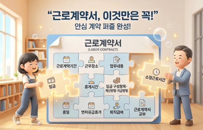 근로계약서 필수 기재 사항: 2026년 기준 근로계약서 필수 기재사항 10가지를 퍼즐 형태로 완성하는 3D 애니메이션 이미지입니다. 남녀 근로자와 고용주가 밝게 웃으며 '임금'과 '소정근로시간' 퍼즐 조각을 맞추고 있습니다. 배경의 큰 계약서 판에는 휴게시간, 근로계약기간, 휴일, 연차유급휴가 등 노무 관리 및 수당 분쟁 예방을 위해 반드시 명시해야 할 핵심 근로조건들이 아이콘과 함께 적혀 있습니다. 복잡한 노무 지식을 직관적이고 긍정적으로 표현하여 블로그 본문의 이해를 돕는 대표 썸네일입니다.