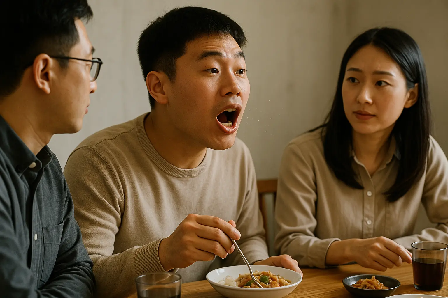 입을 벌리고 말하며 식사하는 장면, 작은 침방울이 밖으로 튀는 모습