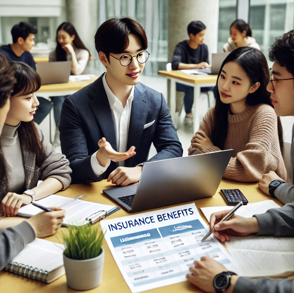 대학생들이 테이블에 둘러앉아 보험 혜택에 대해 토론하는 모습.