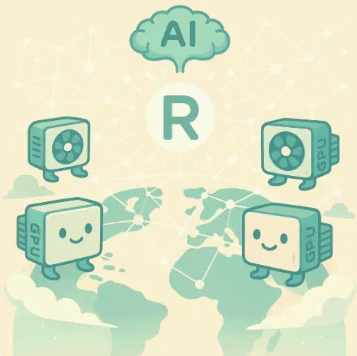 Render Network의 분산 GPU 인프라 구조를 보여주는 일러스트 이미지. 지구 위에 귀여운 GPU 캐릭터들이 네트워크처럼 연결되어 있고, 중앙에는 AI와 Render를 상징하는 심볼이 배치되어 있음. 이 이미지는 Web3 기반의 글로벌 연산 구조를 시각적으로 표현하며, 블로그 본문의 Render 비전 및 로드맵과 관련된 내용을 설명함 (Render Network, distributed GPU, AI infrastructure illustration)
