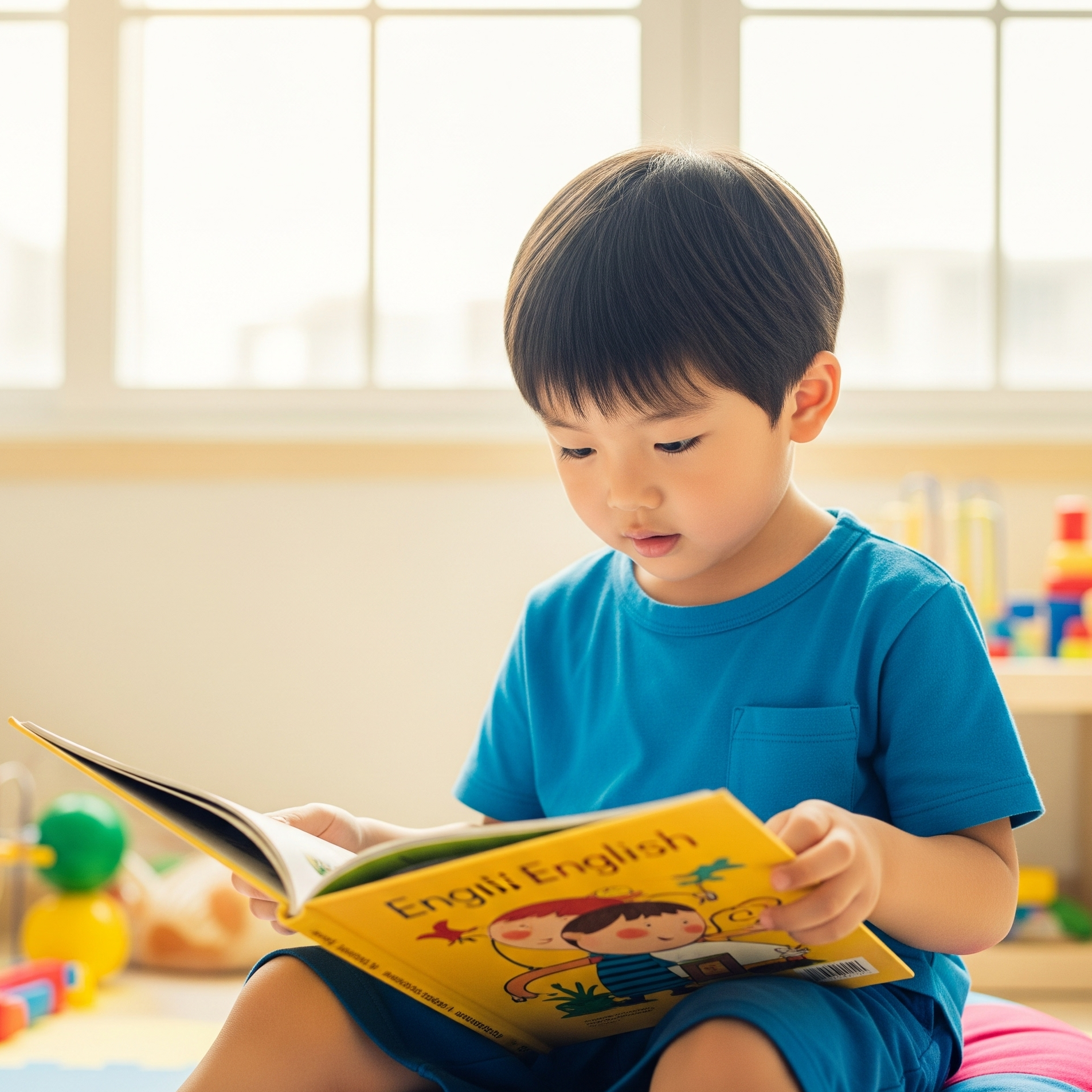 영어 그림책을 읽고 있는 어린이