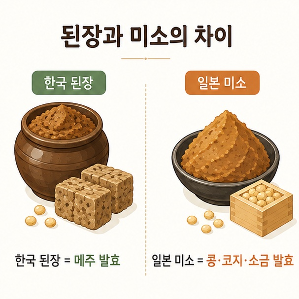메주를 이용하는 한국 전통 된장과 콩에 코지와 소금을 섞어 만드는 일본 미소의 차이를 설명한 이미지