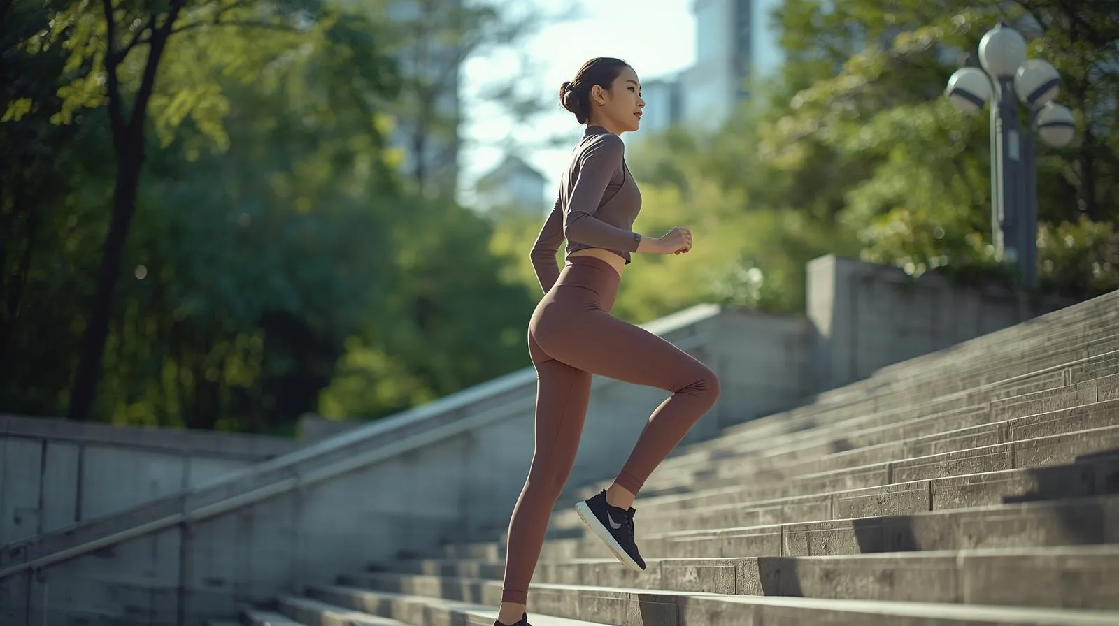 계단을 오르며 혼자서도 실천 가능한 저속노화 계단 운동 루틴을 실천하는 모습