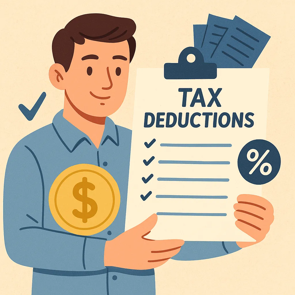 세금-공제-항목을-놓치지-말고-확인해야-함을-강조한-일러스트로-tax-deductions-문서를-든-사람과-퍼센트-기호가-포함됨