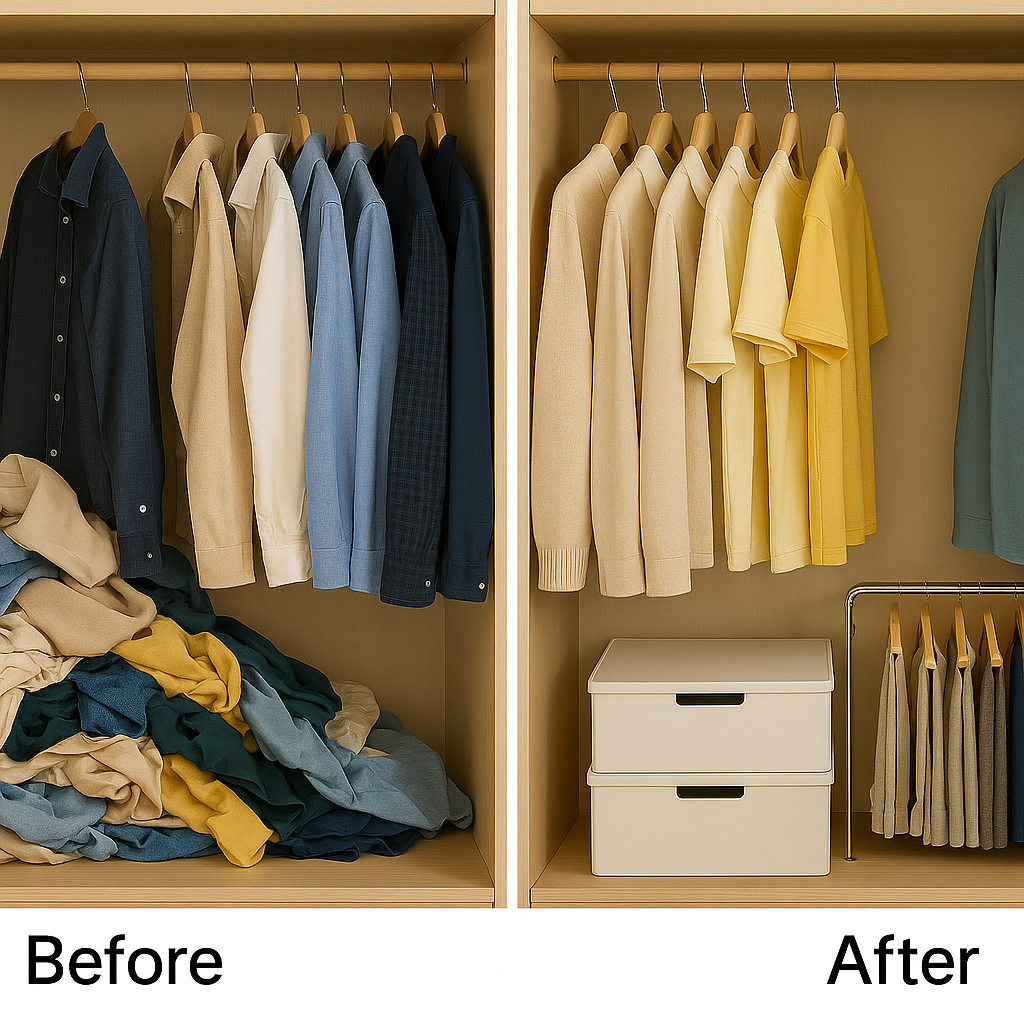 옷 정리 전후 비교, 왼쪽은 어지럽고 오른쪽은 카테고리별로 정리된 옷장