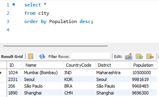 SELECT ORDER BY 내림차순 정렬 조회 예시